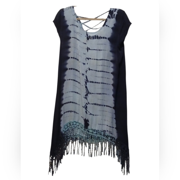 blue island Other - Blue Island - NWOT Hi/Lo Tie-Dye Beach Dress W/Crochet Fringe, Criss Cross Back
